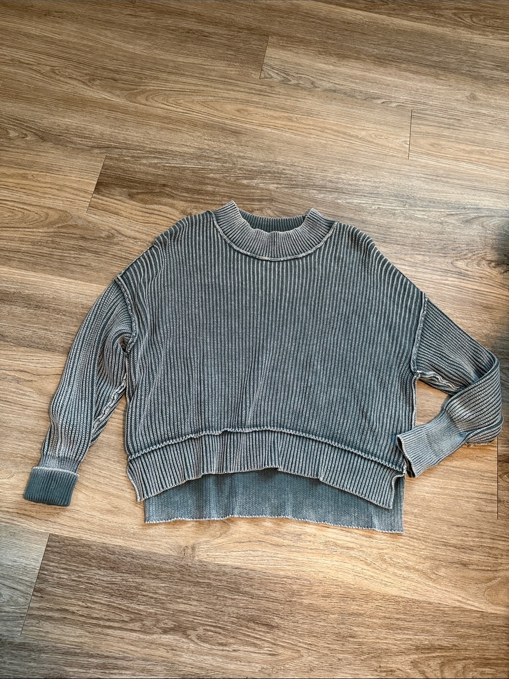 Zenana Outfitters Ribbed Crewneck Sweater in Grayish Blue